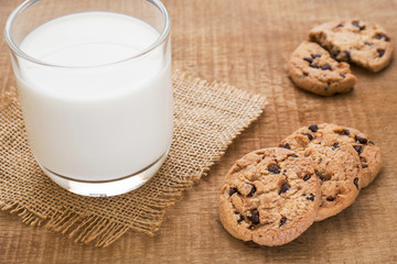 Chocolate chip cookies and milk glass on hessian mats