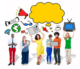 Group of People with Speech Bubble and Digital Media Concept