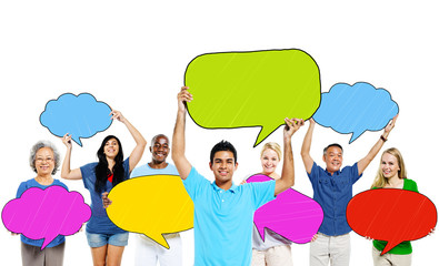 Multi-Ethnic Group of People and Colorful Speech Bubbles