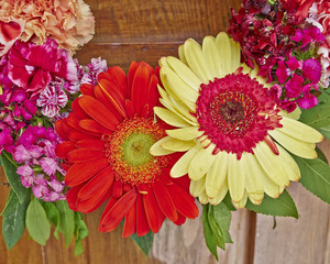 colorful flowers wreath partial view closeup