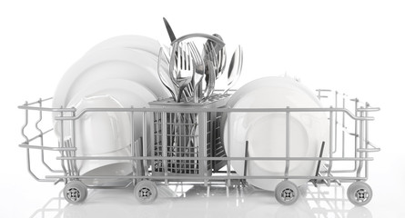 Clean dishes drying on metal dish rack, isolated on white