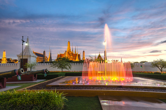 Beautiful fountain and Wat Phra Kaew in background ,Bangkok of T
