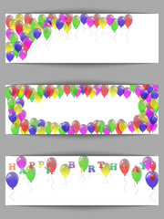 Set of greeting horizontal banners happy birthday with balloons.