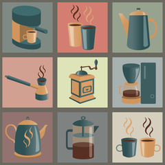 Equipment for making coffee, icons set