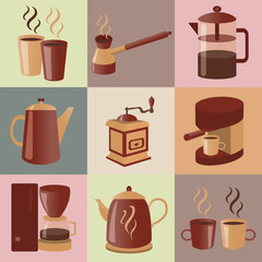 Equipment for making coffee, icons set