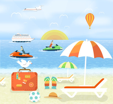 Icons set of traveling and planning a summer vacation