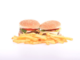 Hamburger et frite sur fond blanc
