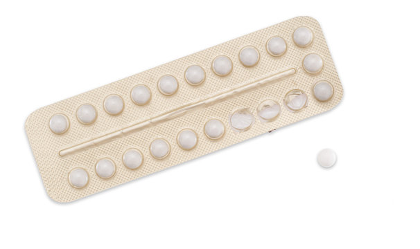 Contraceptive pill packet, white background