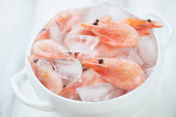 Glass bowl with frozen shrimps on ice cubes, studio shot
