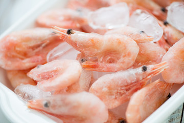 Close-up of raw iced shrimps, horizontal shot