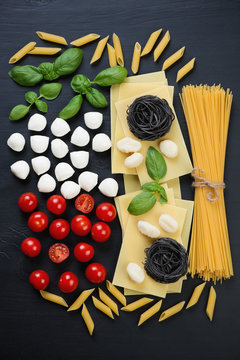 Variety of traditional italian cooking ingredients, above view