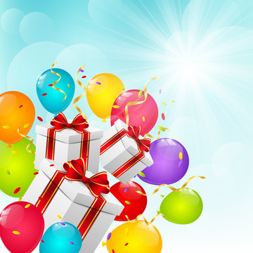 Gifts with balloons on sunny background