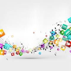 Abstract music background with notes and app icons © 32 pixels