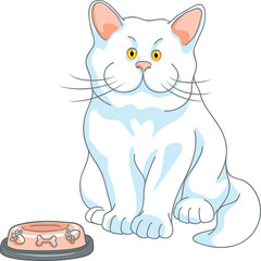 vector hungry cute white cat with empty bowl