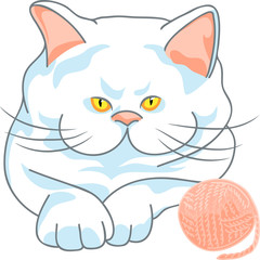 vector cute white cat with ball of yarn