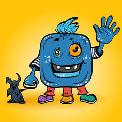 vector cartoon smiling blue monster