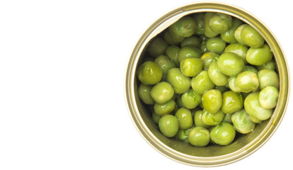 Green peas in a tin can over white background