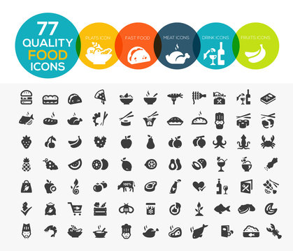 77 High quality food icons, including meat, vegetable, fruits, s