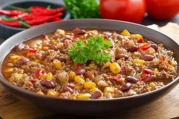 Mexican dish chili con carne, close-up