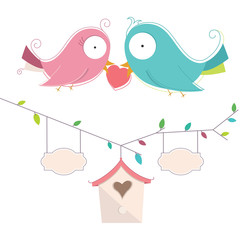 Vector Illustration Of Two Cute Birds In Love Wedding Card