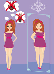 unhappy girl is looking at herself in the mirror