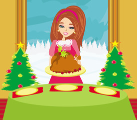 Woman serving  a turkey
