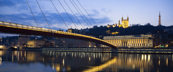 Panoramic view of Saone river at Lyon by night