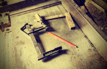 Old traditional carpenter's tools, retro vintage style.