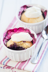 Closeup of a fresh blueberry cobbler.