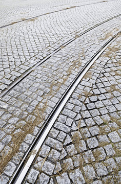 Tram tracks on a street in Lisbon