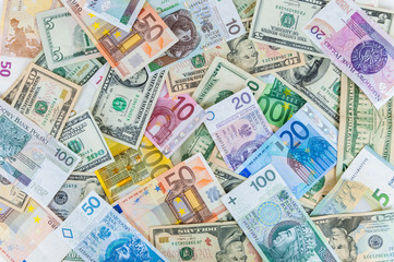 Fototapeta na wymiar Dollar, euro and polish zloty money background