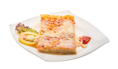 Pizza with tomato sauce and mozarella