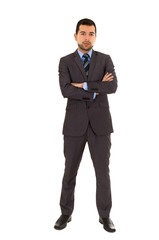 young latin man standing wearing grey suit