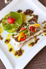 Cod fillet, vegetables, peppers, cabbage flan