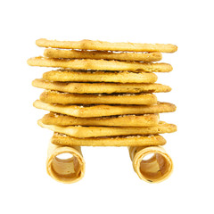 Pile of Tong Muan rolled wafer and cracker Thailand isolated