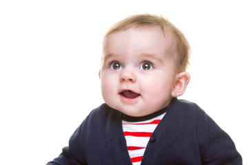 Beautiful Happy Baby Girl in Blue White Red Outfit