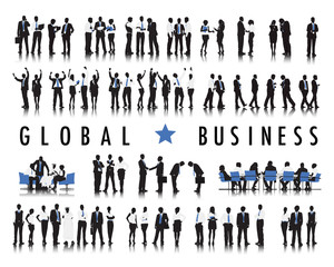 Silhouettes of Business People and the Text Global Business