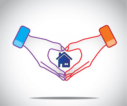 man woman couple hold hands like heart with house home in middle