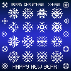 Christmas vector snowflakes designs in pixel style.