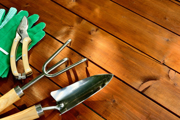 Close-up gardening tools on old wooden background with copyspace