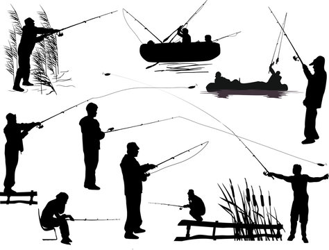 collection of black fishermen silhouettes isolated on white