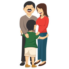 Vector Illustration Of A Little Boy Hugging Parents