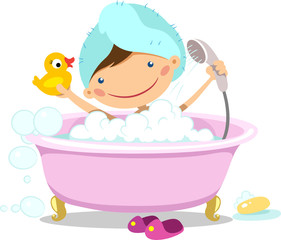 Illustration of a girl takes a bath with a rubber duck