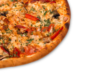 Delicious fresh pizza served on white background