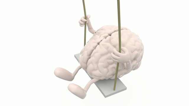 brain with arms and legs on a swing, 3d animation loop