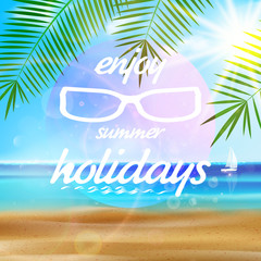 Fototapeta na wymiar Seaside view poster with Sun glasses.