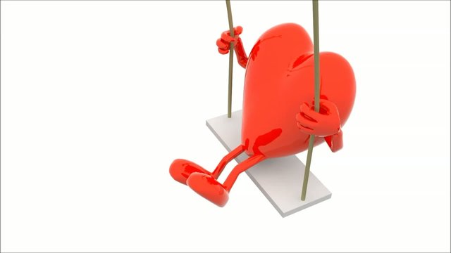 brain and heart with arms and legs on a swing, 3d animation loop