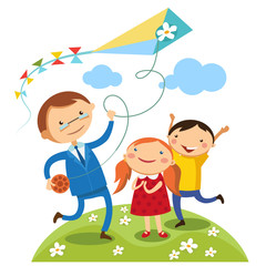Obraz na płótnie Canvas Dad with their children outdoors kites