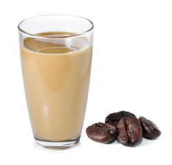 coffee milk and coffee beans on white background