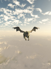 Fototapeta premium Green Dragon Flying over the Mountains